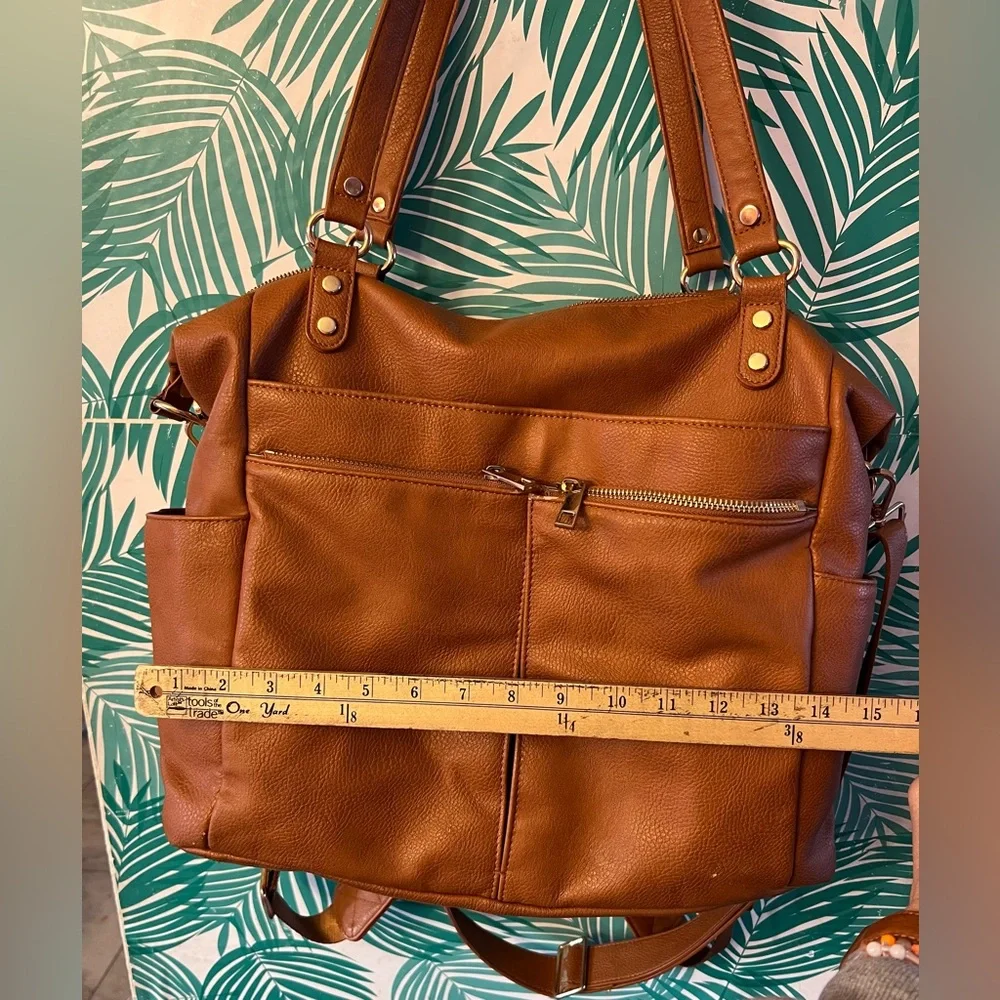 Mominside brown vegan leather convertible diaper bag backpack multiple pockets